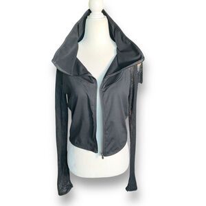 Demi Lovato x Fabletics Black Mesh Sleeve Zip Front Mock Neck Cropped Jacket